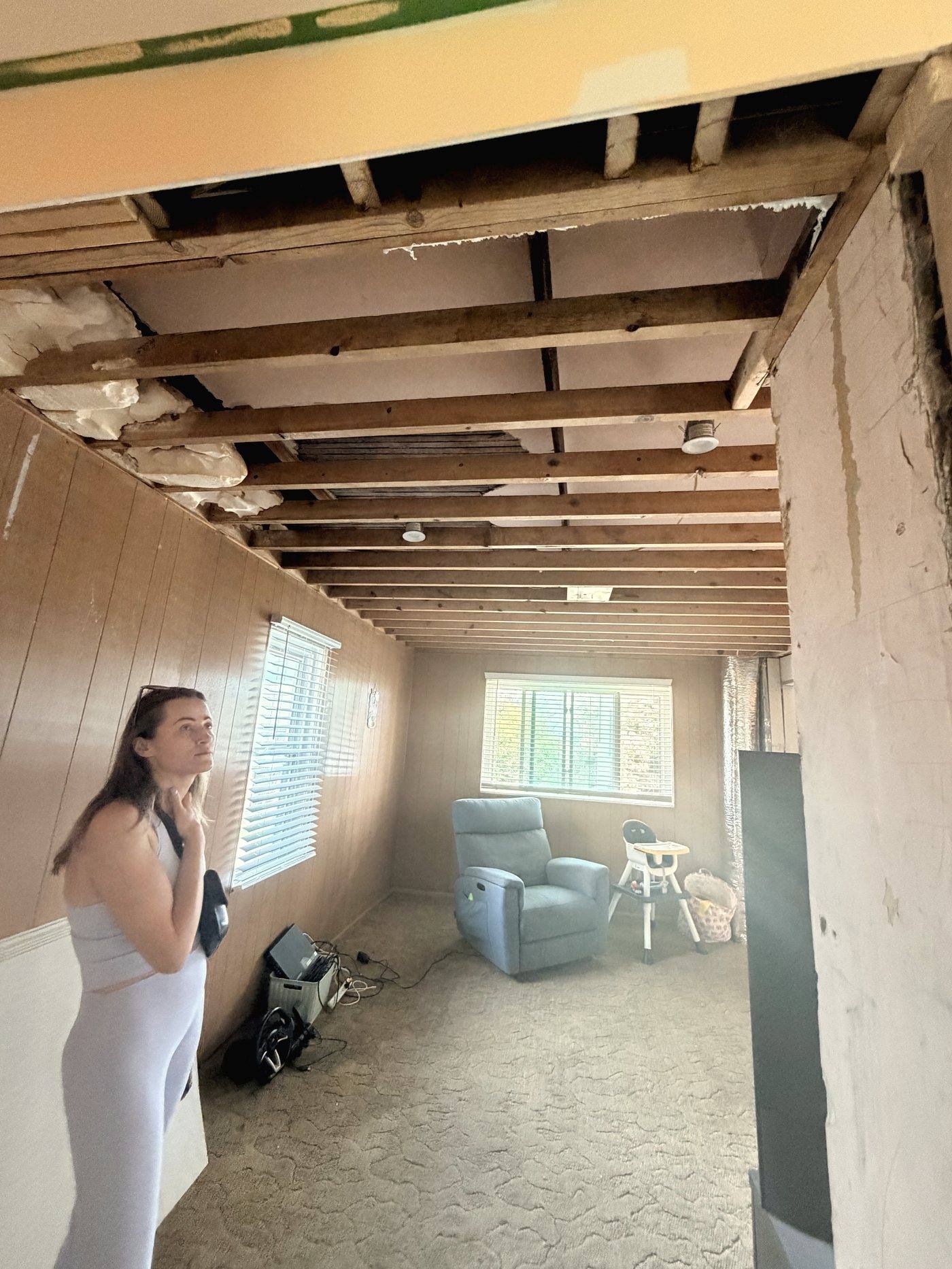 Ceiling opened to the joists during demolition